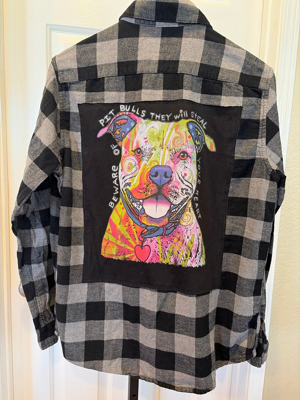 Pitbull Upcycled Flannel Shirt Unisex Size Medium M